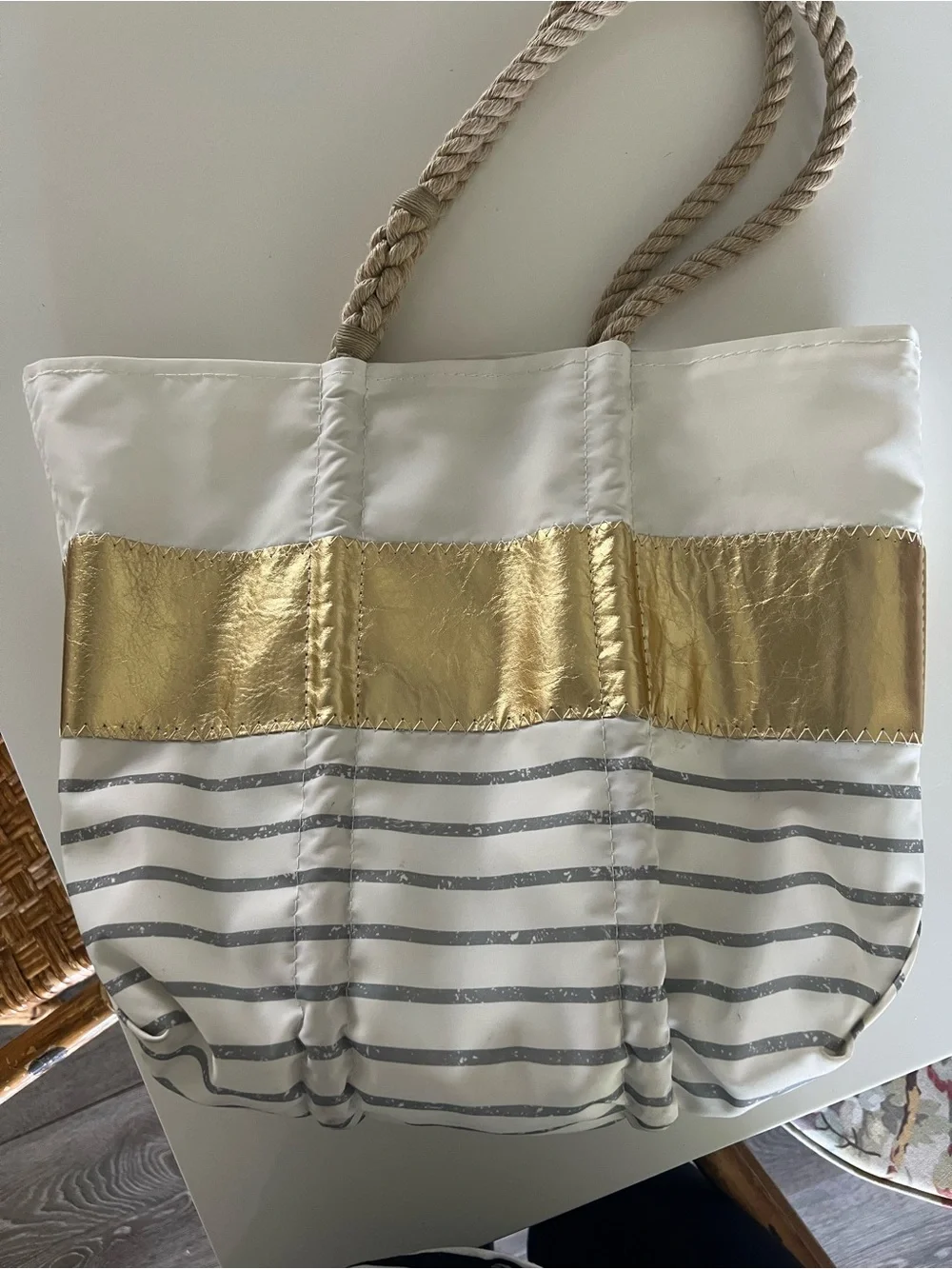 Sea Bags Recycled Sailcloth Medium Tote - Grey Mariner Stripe & Metallic Gold